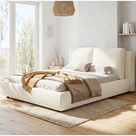 Bett 180x200 cm modern gepolstert in Beige Bouclé mit Lattenrost und ergonomischem dickem Kopfteil (1/5)