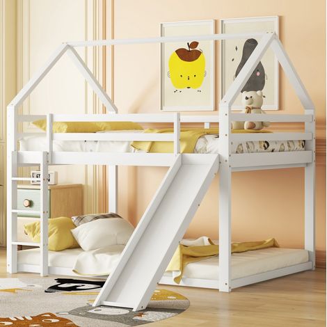 Lit superposé enfant 140x200 cm en bois blanc, gain de place, avec toboggan pour chambre FloraGrace (1/5)