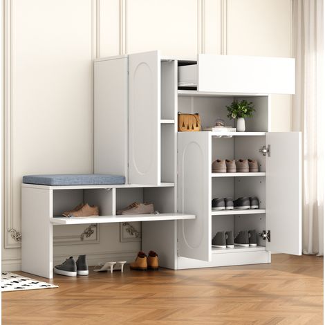 Meuble chaussures 2-en-1 avec banc, portes abattantes, fermeture douce, blanc DESVIAE (1/5)
