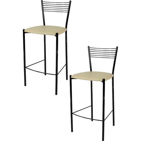 Tommychairs - Set 2 tabourets ELEGANCE pour cuisine, bar et salle à manger, robuste structure en acier peindré en couleur noir et assise rembourrée et revêtue en cuir artificiel couleur lin (1/4)