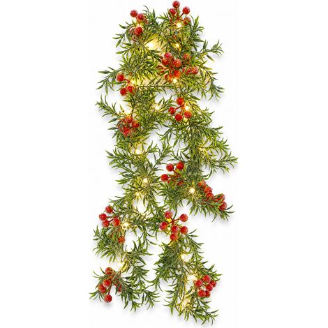 Guirlande Lumineuse LED de Noël avec Feuillage Artificiel et Baies Jaunes, 35 Lumières, Boîtier 3 Piles AA, Fixe et Clignotant (1/5)