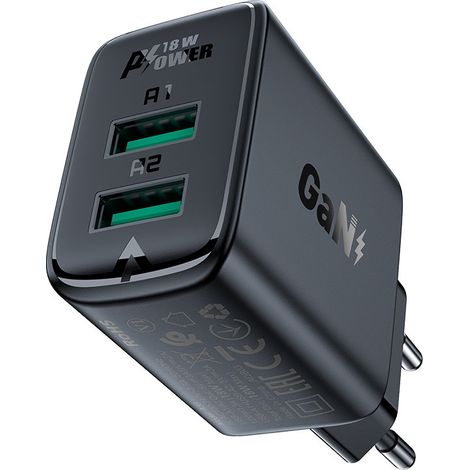 Acefast Ladegerät 2x USB 18W QC 3.0, AFC, FCP Schnell-Ladegerät Quick Charge 3.0 Adapter Schwarz (1/5)