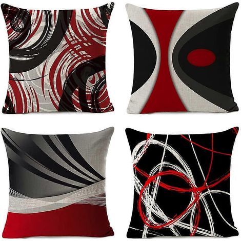 Housses de coussin décoratives 45 x 45 cm, lot de 4, motif abstrait moderne à rayures rouges, grises et noires. (1/5)