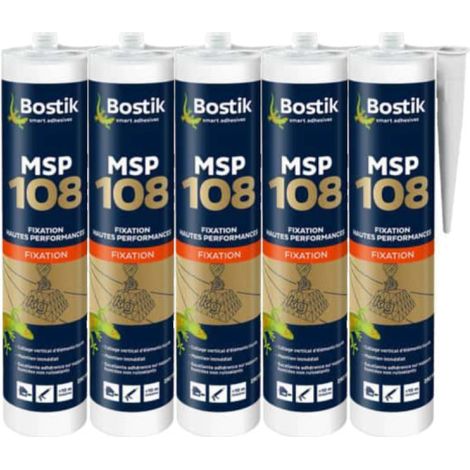 Bostik – Mastic de fixation blanc 5x300ml – Prise initiale élevée – Adhère sur supports humides – Pour béton, bois, métal et céramique