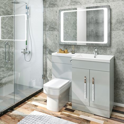ELEGANT 1100mm L Shape Bathroom Vanity Sink Unit Furniture Storage, Matte Grey Vanity Unit with Concealed Cistern + Basin with Ceramic Square Toilet Right Hand (1/5)