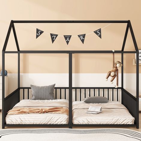 Litera infantil 90x200 cm de metal negro para 2 niños, ahorra espacio, sin colchón FloraGrace (1/5)