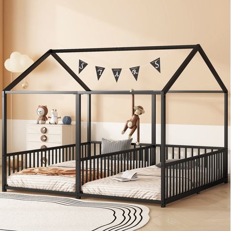 MEUBLIV lit 90x200 cm noir – cabane avec échelle et garde-corps, sans matelas (1/5)