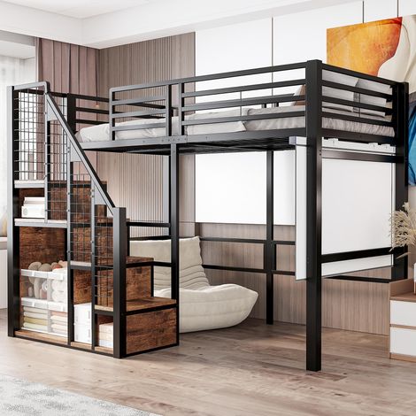 Lit superposé avec échelle de sécurité 90x200 mm, lit enfant avec structure en fer et espace de rangement, lit junior, lit simple, noir, garantie 2 ans