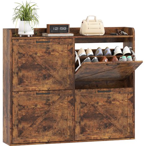 HOMCOM mueble zapatero de 4 puertas zapatero estrecho con estantes ajustables estilo industrial para 24 pares de zapatos 120x24x103 cm marrón rústico (1/5)