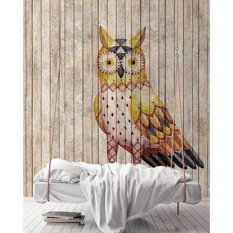 Papier peint panoramique oiseaux original Tapisserie panoramique animaux orange & beige salon Papier peint panoramique bois avec hibou (1/3)