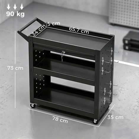 Werkzeugwagen mit abschließbaren Rollen, rollender Werkstattwagen mit 3 Ebenen, Schublade und Lochplatten, Schwarz (1/5)