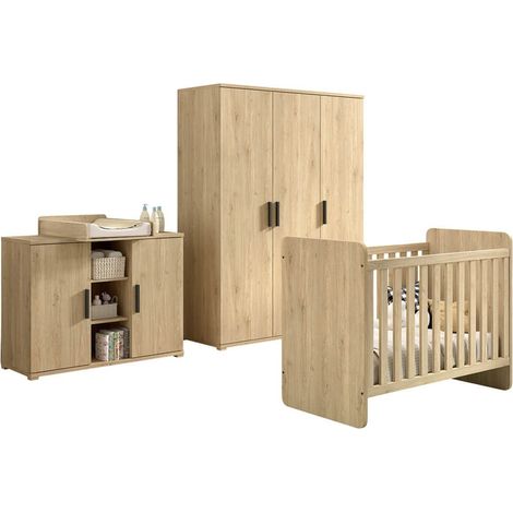 MARCO - Chambre Bébé Lit 60x120cm + Meuble à langer + Armoire 3P Aspect Chêne clair