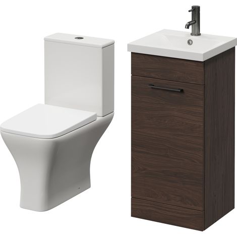 Napoli 390 Brown Oak 400mm Single Door Vanity Unit and Kingston Toilet Suite with Glide Basin - 400mm - Gunmetal Grey 160mm Handle