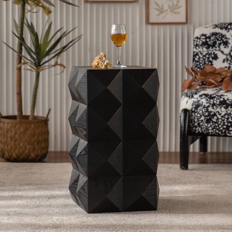Tavolino laterale altezza 60 cm nero in legno massello e MDF con rilievo 3D, pronto all’uso (1/5)