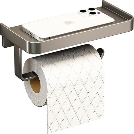 Porte Papier Toilette Mural avec Support - Porte Rouleau WC Gris Anthracite Mat - Installation sans Percage ou Vis (Adhésif Fort Inclus) - Dérouleur Anti-Chute, Multifonction pour Salle de Bain, WC (1/5)