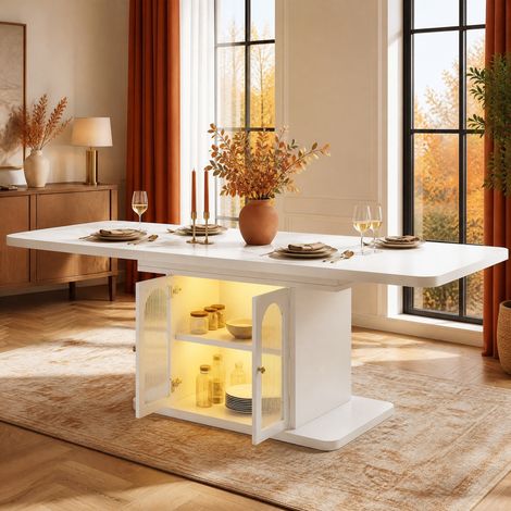 Mesa de comedor extensible (200x80x76 cm), con almacenaje, iluminación LED, MDF, blanco (1/5)