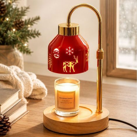 Lampe à fondre les bougies de Noël, avec minuterie et variateur d’intensité, socle rond en bois, tige dorée réglable en hauteur (1/3)
