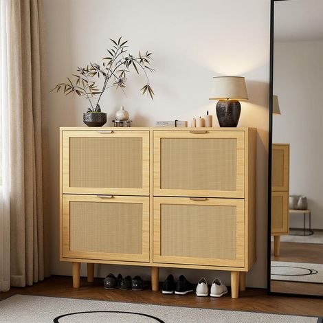 Meubles Cosy Scandinavian 4-Flip Door Shoe Cabinet, Cane Rattan Design, Space Saving Storage with Rubberwood legs,Imitation oak