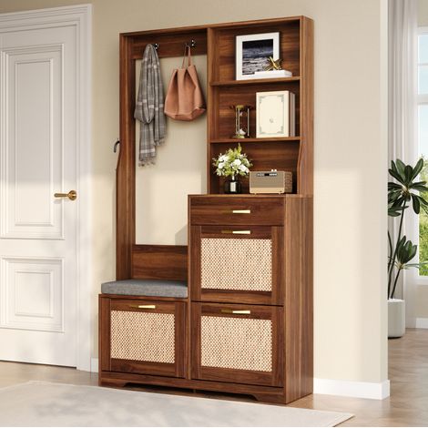 Recibidor con banco (100x30x170 cm), zapatero con 3 abatibles, cajón y ganchos, MDF color nogal (1/5)