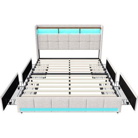 Lit 180x200 avec rangement - SUNFECILI - Capitonné - LED réglable - Tiroirs de rangement - Dossier souple,4 tiroirs de rangement,lin,Beige