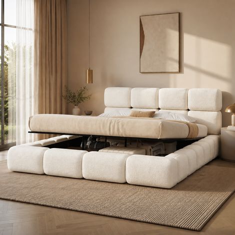 Letto matrimoniale 200x200 cm in Bouclé bianco con contenitore idraulico e rete a doghe (1/5)