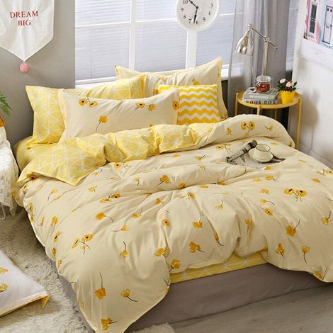 Housse de couette imprimée 155x220 Fleurs jaunes et motif de jardin de fleurs à grille Ensemble de literie imprimé sur fond blanc Réversible Pour chambre d'adolescents et jeunes (1/5)