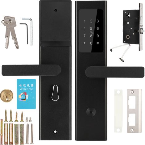 Serrure connectée Bluetooth ultra-fine pour porte en bois, ouverture par appli, carte, code et clé, aluminium noir (1/5)