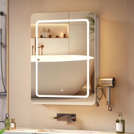 Meuble Miroir Salle de Bain, Armoire de Toilette Miroir avec éclairage LED, Armoire Murale de Bain avec 3 Portes Miroir et Étagère Réglable, 16,5 x 50 x 70 cm Blanc (1/5)