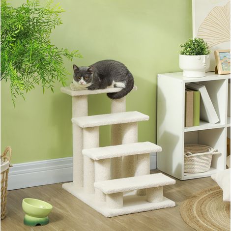 Escalera para perros y gatos de 4 peldaños en felpa, 63,5 x 43 x 60 cm, blanco crema DESVIAE (1/5)