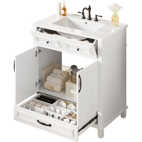 Meuble vasque blanc 77 x 46 x 86 cm avec lavabo céramique intégré, rangements à 9 compartiments, portes soft-close et style rétro - CHICFURN (1/5)