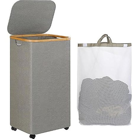 Panier À Linge En Bambou Pliable Avec Roulettes Et Couvercle Bac De Rangement Pour Salle De Bain Et Chambre GRAY (1/5)