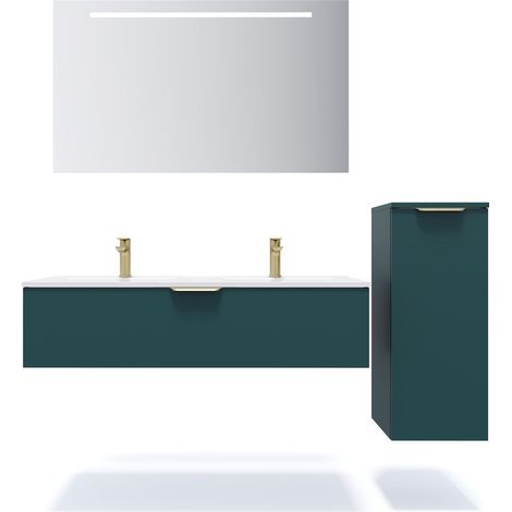 Meuble de salle de bain suspendu double vasque intégrée 120cm 1 tiroir Bleu + miroir + colonne ouverture droite - Venice (1/5)
