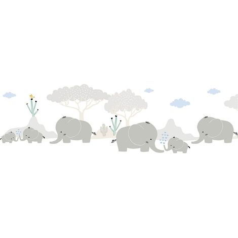 Animal pattern wallpaper wall Profhome 403747 self-adhesive border slightly textured with elephants matt grey blue white green 0.75 m2 (8.07 ft2) (1/5)
