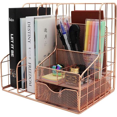 Organizador de escritorio, Acero, Acabado oro rosa, 7 compartimentos, Cajón, Para el hogar y la escuela (1/5)
