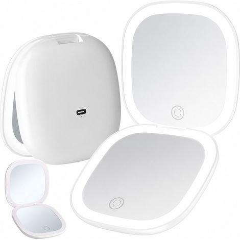 Miroir de maquillage LED grossissant x5, pliable, compact, rechargeable, 3 modes d'éclairage, idéal pour les voyages. (1/5)