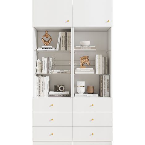 CAIziVitrine, meuble haut, meuble de rangement, bibliothèque, avec espace de rangement ouvert, avec tiroirs, étagères en verre réglables en hauteur, blanc, lot de 2, 100×40×180 cm