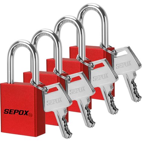 Lot de 4 cadenas d'extérieur à clé identique avec la même clé 38 mm de long en aluminium - Rouge - Chaque cadenas avec 2 clés pour portail, rangement, clôture (1/5)