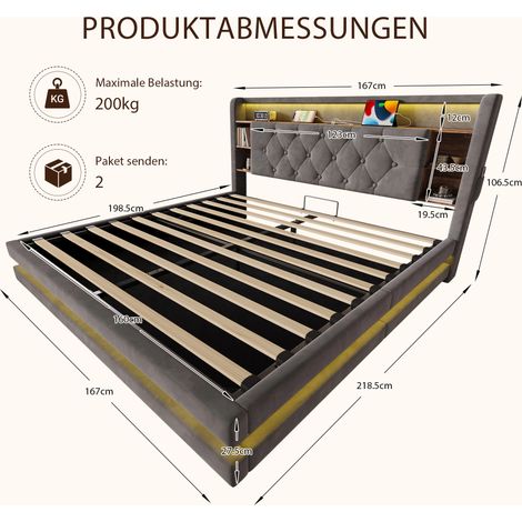 Cama tapizada de 160 × 200 cm con espacio de almacenamiento, cama de terciopelo con cabecero multifuncional, iluminación LED, 2 puertos USB y Tipo-C, sistema hidráulico, somier de láminas y estantes a (1/5)