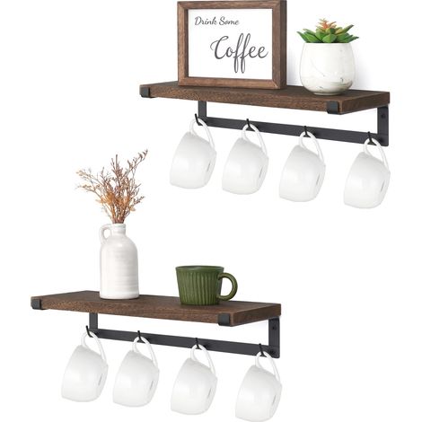 Lot de 2 porte-tasses muraux avec crochets - Étagère flottante rustique - Accessoires de bar à café en bois pour organiser les ustensiles de cuisine - Décoration de cuisine - Marron (1/5)