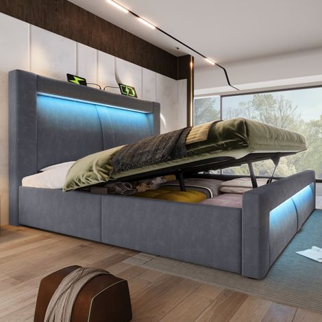 Lit coffre adulte 140x200 cm avec rangement, LED, USB et Type-C, tête de lit courbée, métal bois, velours gris (1/5)