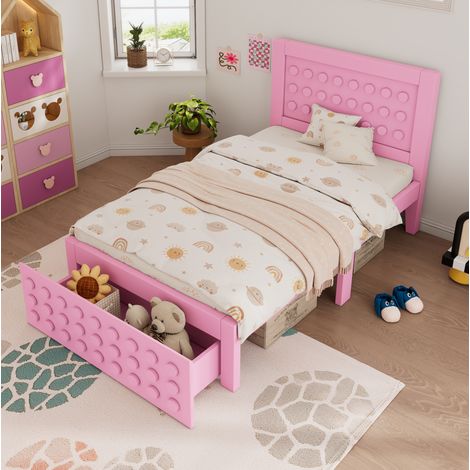 Letto singolo in legno rosa 90x190 cm con rete a doghe, cassetto e vano contenitore (1/5)