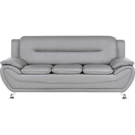 3 Seater Sofa Grey Vegan Eco Leather Couch Arms Silver Metal Legs Easy Clean Modern Glam Style Living Room LEIRA