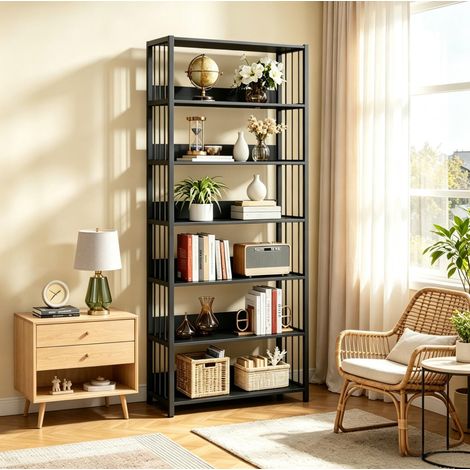 Estantería librería 80x30x190 cm de Melaminado y metal negro, ahorra espacio FloraGrace (1/5)
