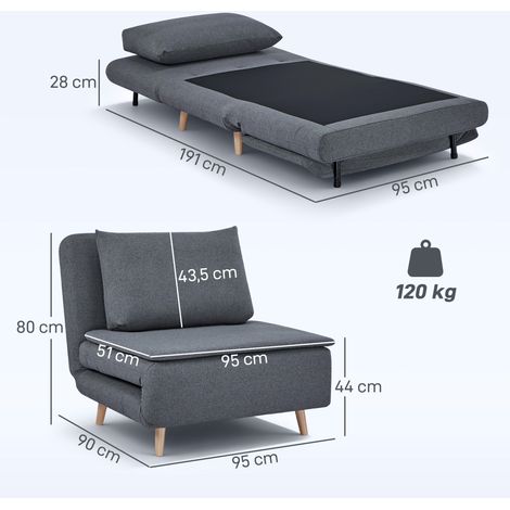 3-in-1 Schlafsessel mit Bett-Funktion, Liegesessel, verstellbare Rückenlehne, Buchenholzbeine, Kissen, Grau (1/5)