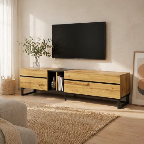Mobile TV 180 cm con ribalta, vani aperti e doppie ante, effetto legno HAVRYA (1/5)