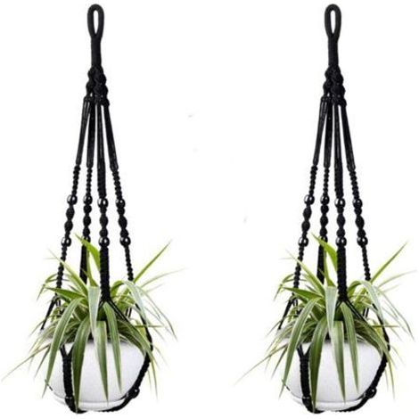 Deux paniers suspendus en corde de coton noir pour plantes d'intérieur, de 98 cm chacun, ornés de perles en bois. Crochets non inclus. (1/5)