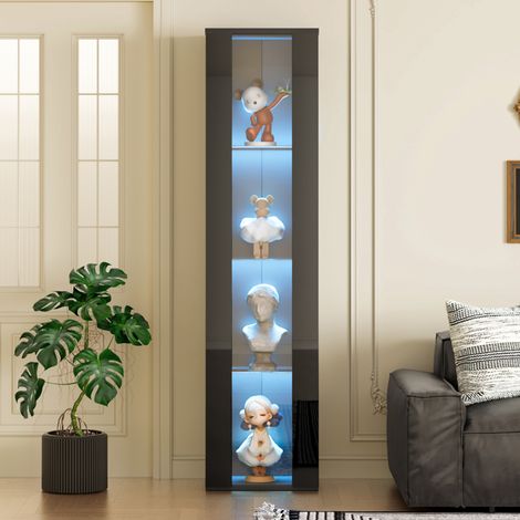 Vitrine en verre, vitrine autoportante avec éclairage LED à changement de couleur, rangement multi-compartiments, façades en acrylique, 40 x 29 x 170 cm, Noir (1/5)