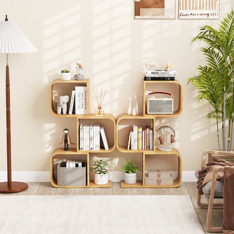 Bibliothèque en Forme de 'S' à 3 Niveaux Etagère en Bambou avec 3 Cubes Ouverts Etagère d'angle Géométrique Naturel (1/3)