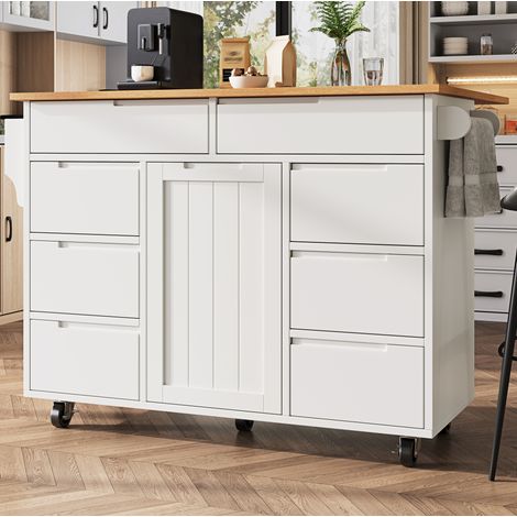 Îlot de cuisine 122x46x91.5 cm, plateau rabattable, 8 tiroirs et placard réglable, MDF blanc (1/5)