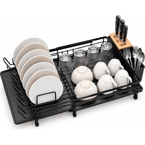 Relaxdays Dish Drainer, Cutlery Basket & Drip Tray, Extendable, Kitchen, Plastic, Metal, Black (1/5)